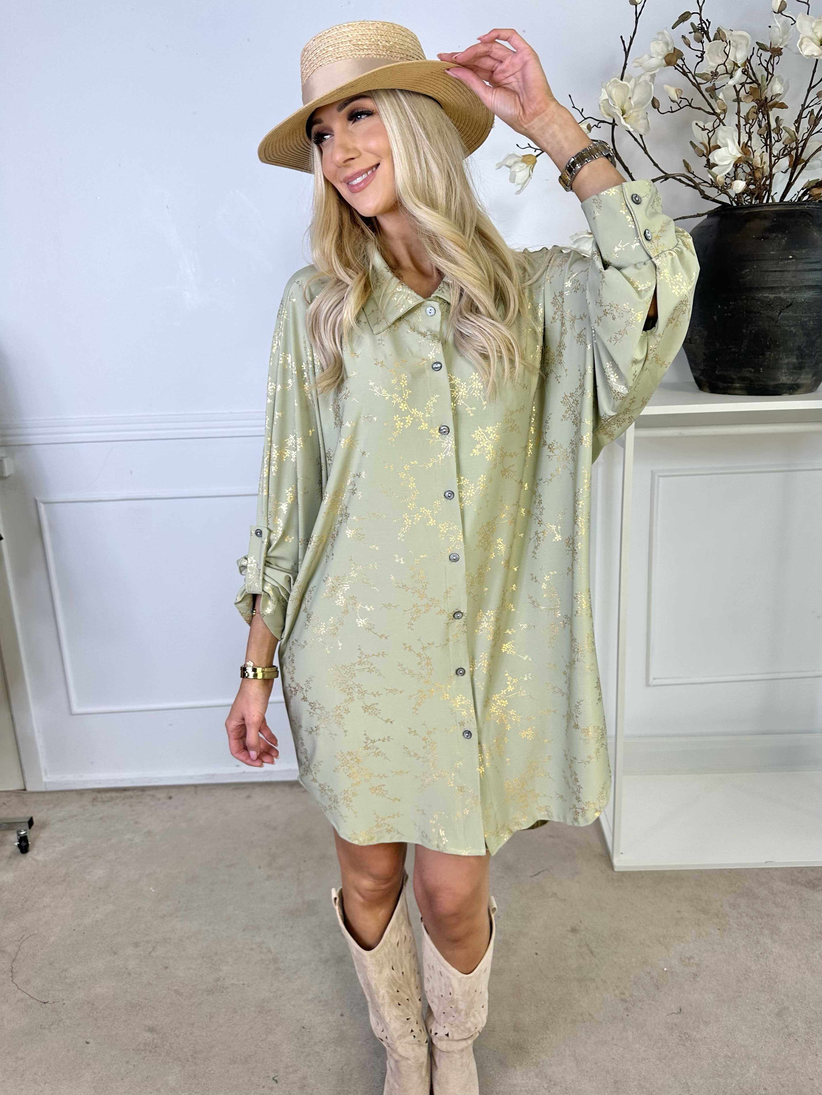 Mia Gold - Elastisk skjortekjole med gulddetaljer